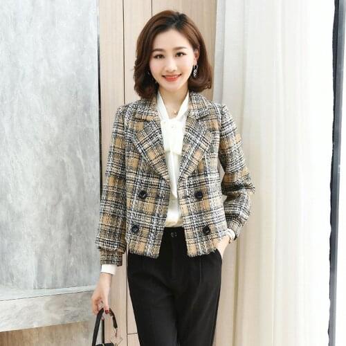 2021 Fashion Spring Autumn New Women Plaid Jacket Elegant Temperament Double-breasted Lapel Ladies Coat Plus Size Short Outwear