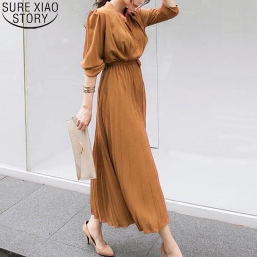 2021 Single Breasted Chiffon Dress Women Pleated Dresses Full Sleeve Slim Waist A-line Casual Female Long Dress Vestidos 12377