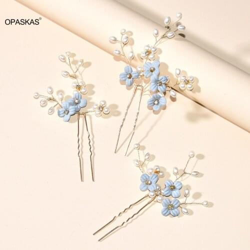3pcs Blue Flower U Shaped Hair Pins Pearl Elegant Headwear for Wedding Bridal Women Hair Jewelry Accessories PT