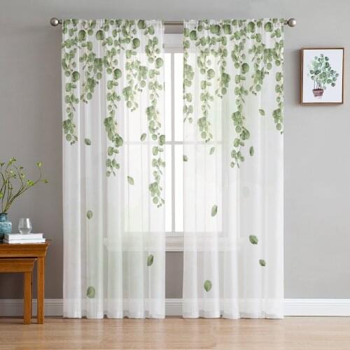 Watercolor Eucalyptus Leaves Plant Green Voile Tulle Sheer Curtains for Bedroom Living Room Kitchen Decor Window Curtain