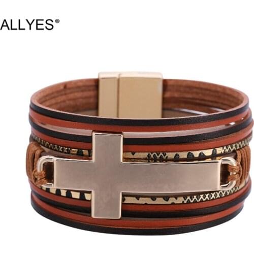 ALLYES Simple Cross Charm Bracelets for Women Multilayer Slim Strips Leather Wrap Bracelet Bangle Religious Jewelry Gifts