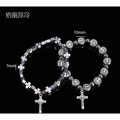 Beaded Bracelet Cross Rosary Bracelet Handmade Beaded Hematite Bracelet, Beaded Rosary Bracelet, Womens Mens Jewelry Gift