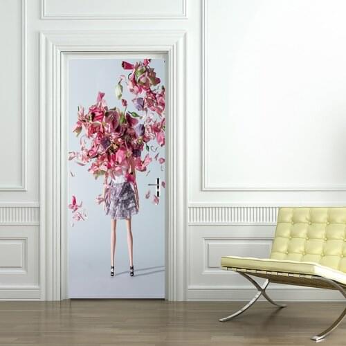 Colorful Flower Gilr Door Stickers Xmas Mural PVC Self-adhesive Waterproof Modern Bedroom WallPaper Living Room home Decoration
