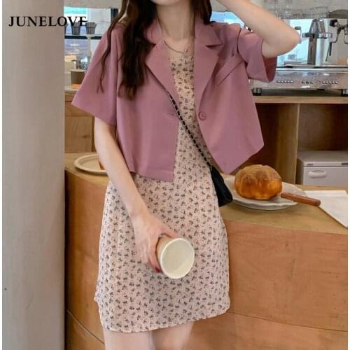 JuneLove Korean Dress Suits 2021 Summer Short Sleeve Blazers+Strapless Print Floral Mini Dress 2 Pieces Sets Office Lady Suits