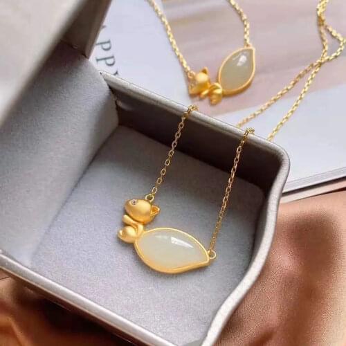 Cute Necklace for Women Super Cute Natural Hetian Jade Little Squirrels Pendant for Women Small Sterling Silver Jade for Girlfri