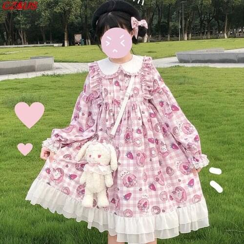 Kawaii Victorian Gothic Lolita Bear Strawberry Cake Print Jsk Dress Sweet Princess Lolita Dress Spring and Autumn Annals 2021