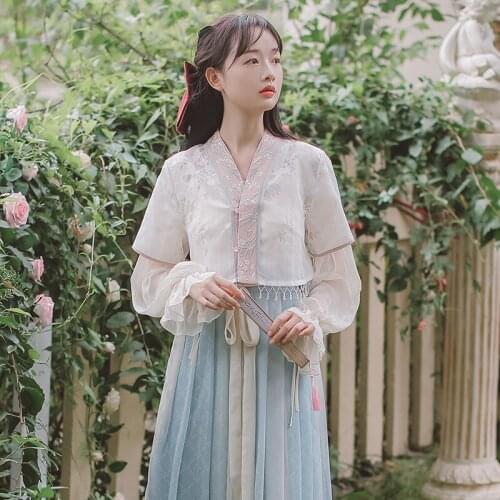 Sweet Retro Hanfu Set Improved Fairy Dress Set Summer Tassel Embroidered Cute Top+Trumpet Sleeve Gentle Dress