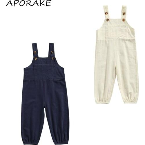 2021 1-6Y Toddler Girl Boy Jumpsuit Overalls Solid Color Button Pocke Front Suspender Pants Spring Summer Autumn Outfit For Baby