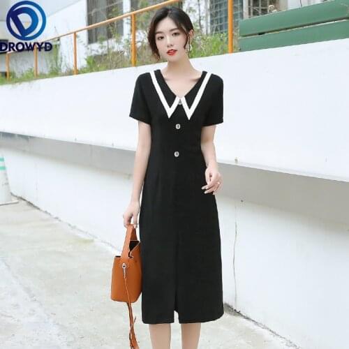 Fashion Solid Color Summer Dress Short Sleeve Black High Waist Split Chic Women Dresses Elegant Vestidos Korean Slim Robe Femme