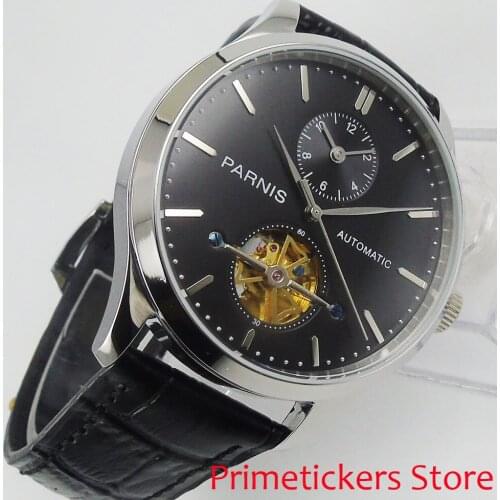 PARNIS black dial GMT 43mm golden/silver plated case leather strap automatic movement men watch
