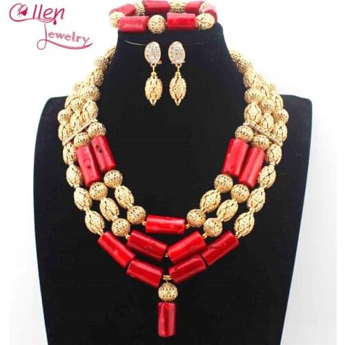 New Red Coral Pendant Necklace Set nigerian Wedding African beads Jewelry Set Bridesmaid beaded Necklace set E1158