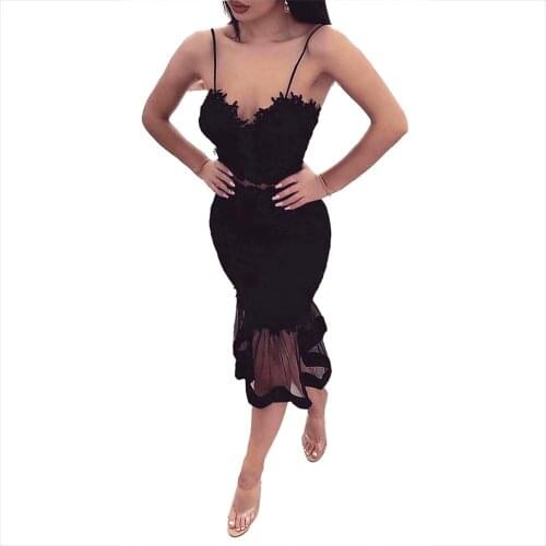 New Arrival Black Lace Spagehtti Straps Hollow Out Fish Tail Bandage Dress Elegant Midi Bodycon Dress Vintage Vestios Bandagem