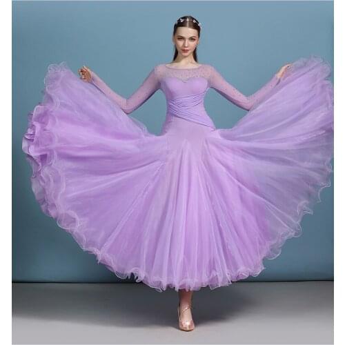 New Arrivals Modern Ballroom Dance Dress with Long Mesh Sleeves Women & Adult Dance Costumes Skirt for Waltz Tango 2 Color A0073