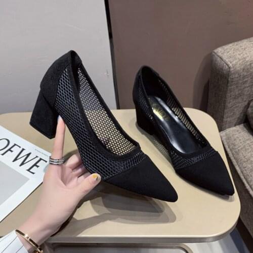 Summer New Mesh Dot Breathable High Heel Square high heel Shallow Mouth Pointed Single Shoes 6.5cm Heel Size 40 zapatos de mujer