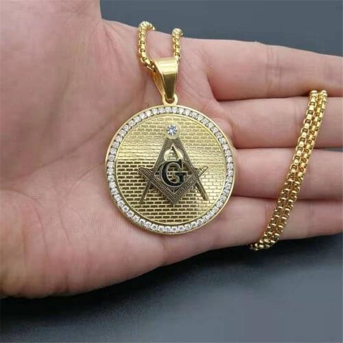 Hip Hop Iced Out Masonic Symbol Necklaces & Pendants For Women/Men Gold Color Stainless Steel Fashion Jewelry Dropshipping