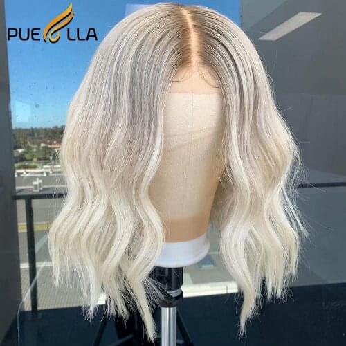 Short Wavy Human Hair Wigs Platinum Blonde Highlght Wig Human Hair Brazilian 13x6 Lace Front Wig Transparent Lace Wigs For Women