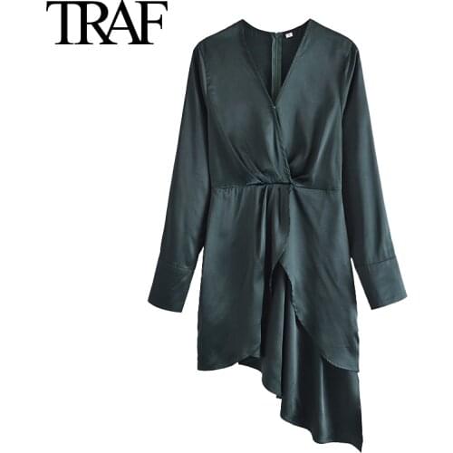 TRAF Za Women Clothing Black Satin Long Sleeve Dresses Spring Autumn French Female Asymmetric Design Ruffle Dress Vestidos Mujer