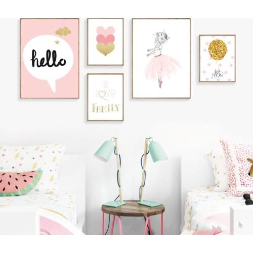 Baby Girl Room Poster Kids Wall Art Paintings Baby Poster Ballerina Canvas Painting Pink Heart Pictures Nursery Decor