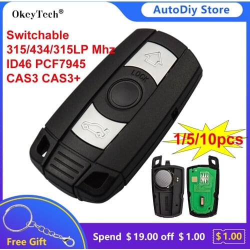 Okeytech 3 Buttons CAS3 CAS3+ System Remote Control Key For BMW 1 3 5 6 Series E91 E92 E60 E90 Switchable 315/434/315lp Mhz ID46