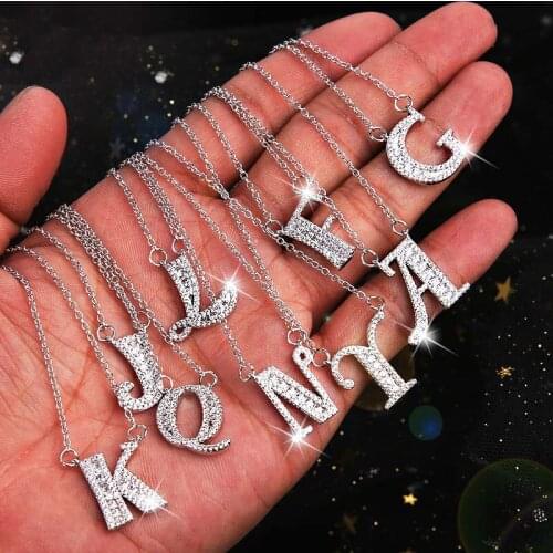 Sale 26 Letters Rose Golden Shiny Cubic Zirconia Crystal Stone Alphabet Pendant Necklace Silvery Zircon Crystal Adjustable 1PC