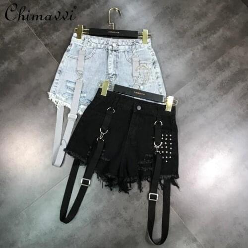 Strap Disassembly Rivet Heavy Raw Edge Denim Shorts 2021 Summer High Waist Slim Jean Shorts Fashion Streetwear Handsome Shorts