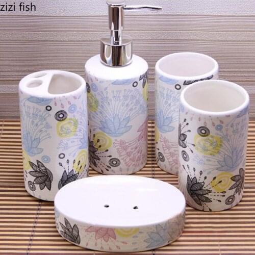Painted Ceramic Bathroom Accessories Portable Soap Dispenser Mouthwash Cup Soap Dishes Geometric Decor 5pcs/set Bath Supplies