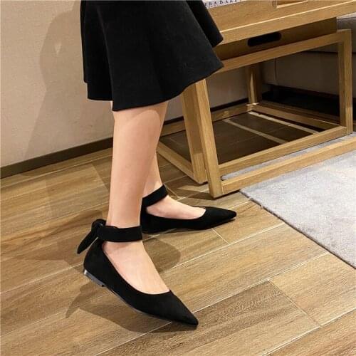 Pointed Toe Women Flats Shoes Red/Black Ankle Strap Bow Design Suede Casual Walk Shoes Shallow Loafers Dance Flats Walk Shoes