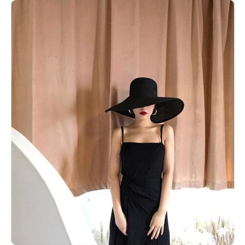 Black Straw Hat Beach Hat With Large Brim Retro French Foldable Beach holiday Sunshade Hat