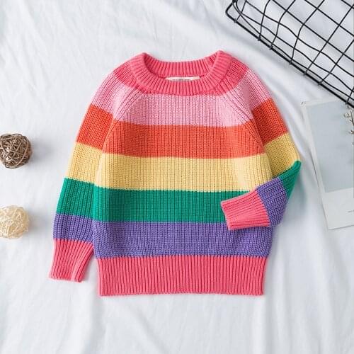 Fashion Boys Girls Sweaters Autumn Winter Toddler Baby Rainbow Striped Long Sleeve Kint Sweater Kids Clothes Tops Outfit 1-7Y