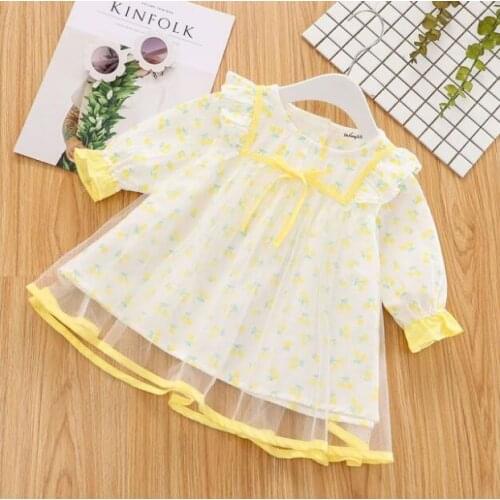 Spring Baby Girl Cute Costume Fall 2021 Children Girls Mesh Cotton Dress with Long Puff Sleeve Princess Dresses girls dress