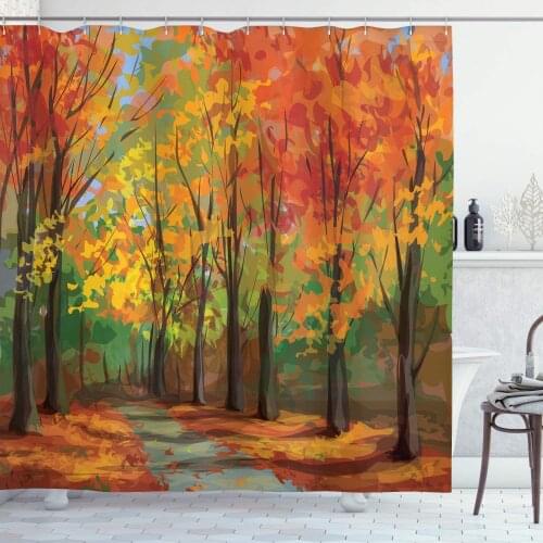 Yellow Orange Rustic Shower Curtain North Woods Falling Leaves Fall Park Road Autumn Leaves Seasonal Colors Romantic