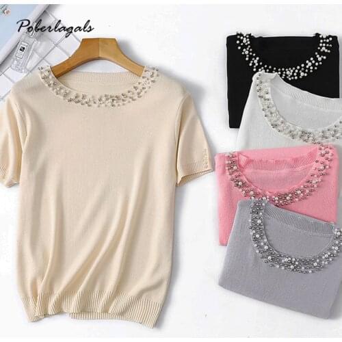 New knitted Slim t-shirt Women o-neck Knitted Solid color beaded T Shirt Female All-match Basic short Sleeve Tops Clothing