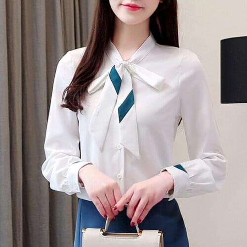 Woman Feminina WomenS Vintage Blouse Fashion Clothes 2020 Spring Autumn White Bow Chiffon Shirts Female D0180