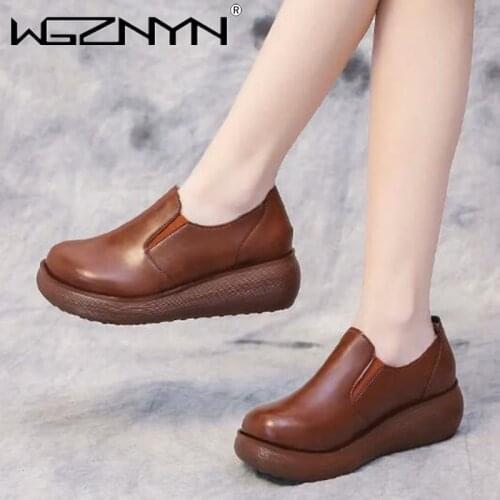 2021 Women Shoes Spring New Fashion Retro Leather Single Shoes Womens Thick Bottom Layer Leather Casual Shoes Zapatillas Mujer