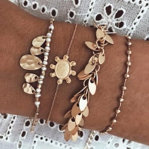 Bohemian Gold Color Tassel Crystal Bracelets for Women Summer Shell Clear Pearl Geometric Heart Bangle Jewelry