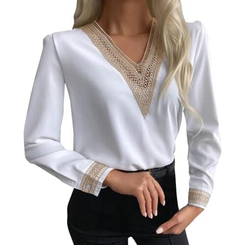 Solid Color Lace Women Top Clothes Fashion V-Neck Long Sleeve Casual Female Top Blouse Bottoming Casual Loose Fashion Girl Tops
