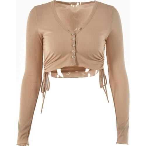 Women Casual Long Sleeve Cardigan Solid Drawstring Knitted T-Shirt Button Thick V Neck Solid Female Tops Ladies Slim Sweater