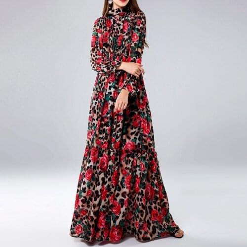 High quality 2019 designer Runway Maxi dress Womens Long Sleeve Vintage Flowers Leopard Print Slim Beach long Dress plus size