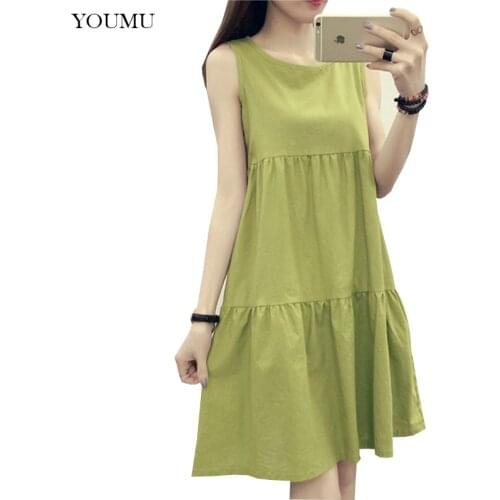 Ladies Oversized Cotton Linen Loose Dress Solid Pattern O-Neck Natural Waist Casual Soft Knee-Length Sleeveless Dress 912-389