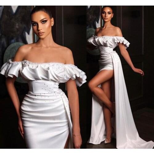 Robe De Soiree Pearls Prom Dresses Off The Shoulder High Side Split Beaded Mermaid Formal Dubai Middle East Evening Party Gown