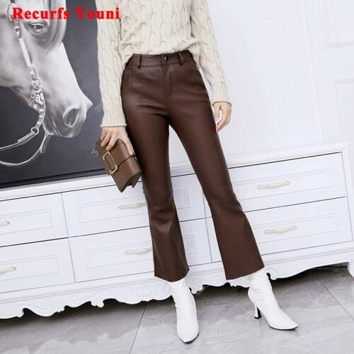 Winter Women Genuine Leather Tight-Fitting Stretch Pants Female Mid-Waist Slimming Simple Micro-Flared Nine-point Warp Trousers