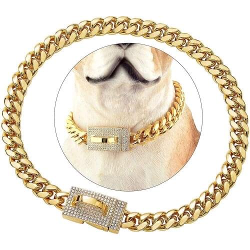 Stainless Steel 10/14MM Gold Miami Cuban Pet Dog Chain Necklace Puppy Collars Choker Bulldog CZ Clasp Lock Collar Strap Control