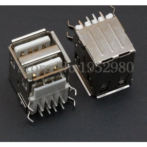 10PCS 2.0 USB Connector Adapter A/F 90 Degree Double USB Socket 4 Bent Pins with Brim White Iron Shell