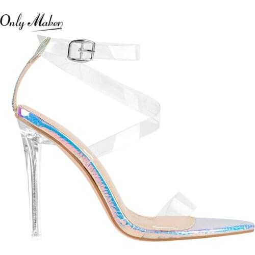 Onlymaker Summer Sandals For Women Thin High Heels Colorful Side Transparent Band Pointed Toe Ankle Buckle Big Size shoes