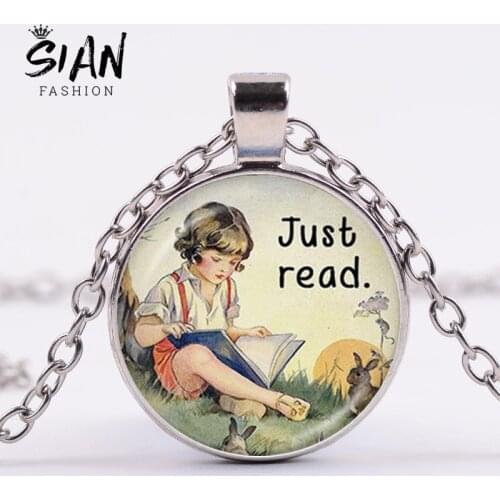 SIAN Reader Necklace "Just Read" Quote Glass Cabochon Pendant Necklace Literary Jewelry Gift for Book Lovers Reading Bibliophile