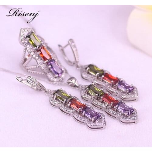 Dubai Luxury Jewelry 925 Sterling Silver Colorful Zircon Square Jewelry Set For Women Factory Outlet Earrings Ring Necklace Set