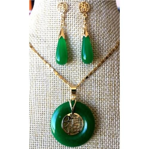 Natural green Jades Earrings Pendant Necklace Set For women Jewelry