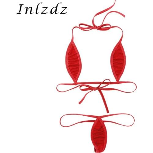 Women Exotic Lingerie Set Minimal Cover Mini Micro Teardrop Bikini Halterneck Self-tie Bra Top with G-String Briefs Underwear