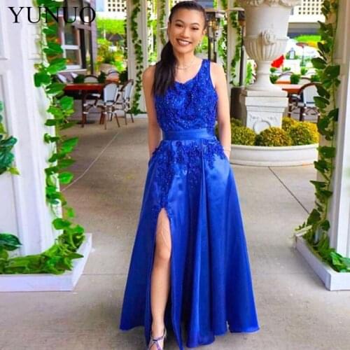 Royal Blue A Line Evening Dresses Appliques Side Split Floor Length 2019 Formal Ceremony Evening Party Gowns Custom Made N56