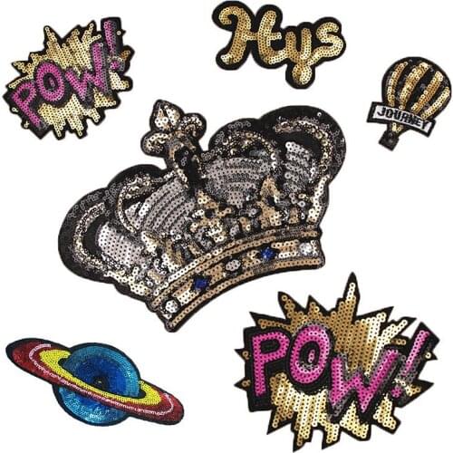 10pcs/lot Round Embroidery Patches Letters Gold Crown Planet Balloon Clothing Accessories Heat Transfer Badge Iron Clothes